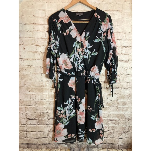 Luxology Dresses & Skirts - Luxology Dress Womens 14 Dark Romantic Floral Belted Cinched Sleeves Tropical